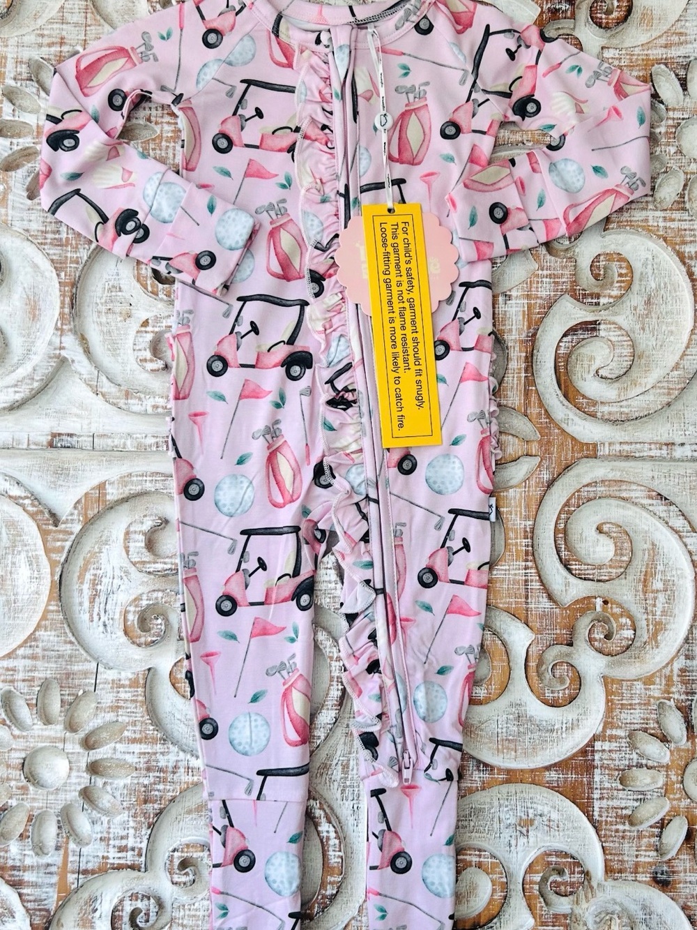Girls Pink Golf-Print Ruffle One-Piece Bamboo Convertible Zippy
